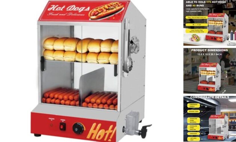 Hot Dog Steamer Machine, 31.7QT/2-Tier Electric Hot Dog Steamer Silver&Red 30L