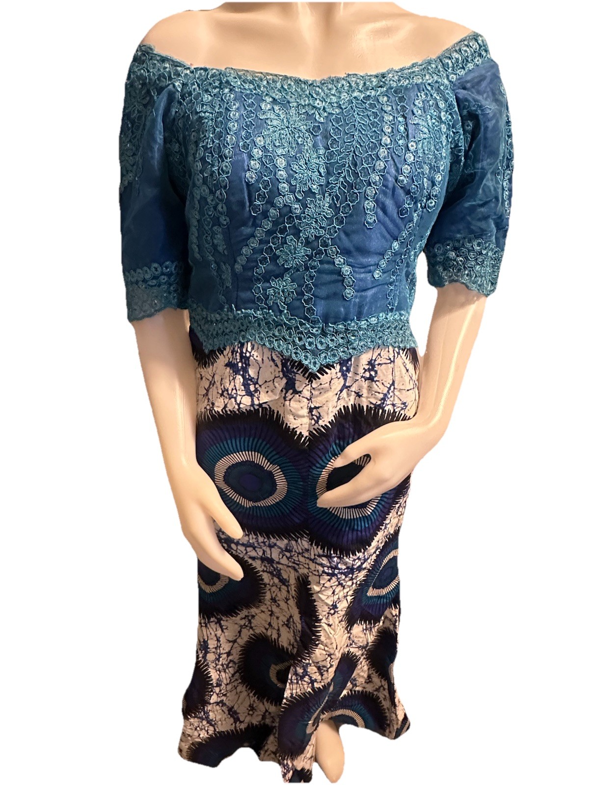 African Traditional Women's Clothing Blue Lace Top Printed Skirt