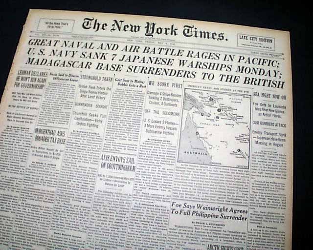 BATTLE of the CORAL SEA Naval Battle off Australia World War II 1942 Newspaper