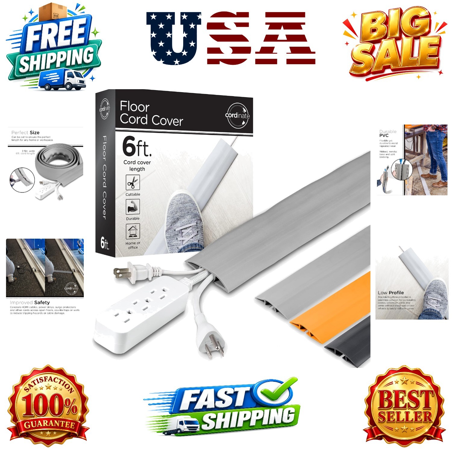 6ft Floor Cord Cover, Cable Protector, Hide Extension Cords, Protect Cords, P...