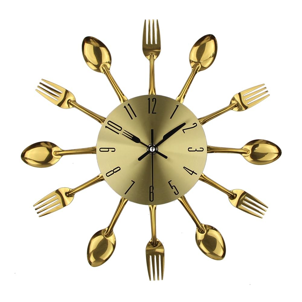 Kitchen Metal Copper Wall Clocks with Spoons and Forks 3D Removable Modern Cr...