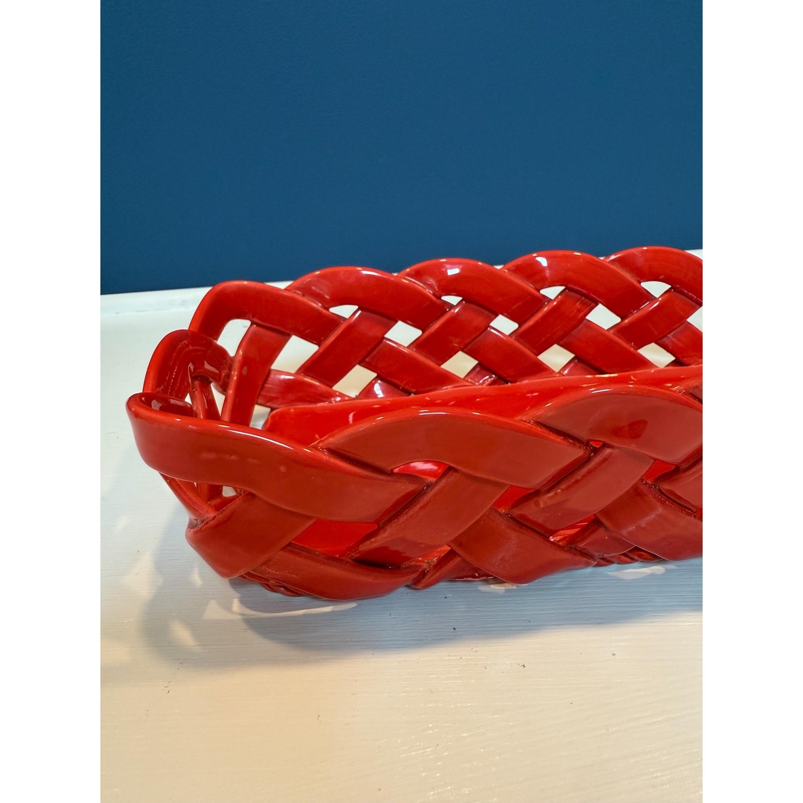 Vintage Primo Gi Red Ceramic Woven Bread Basket Italy Large Weave