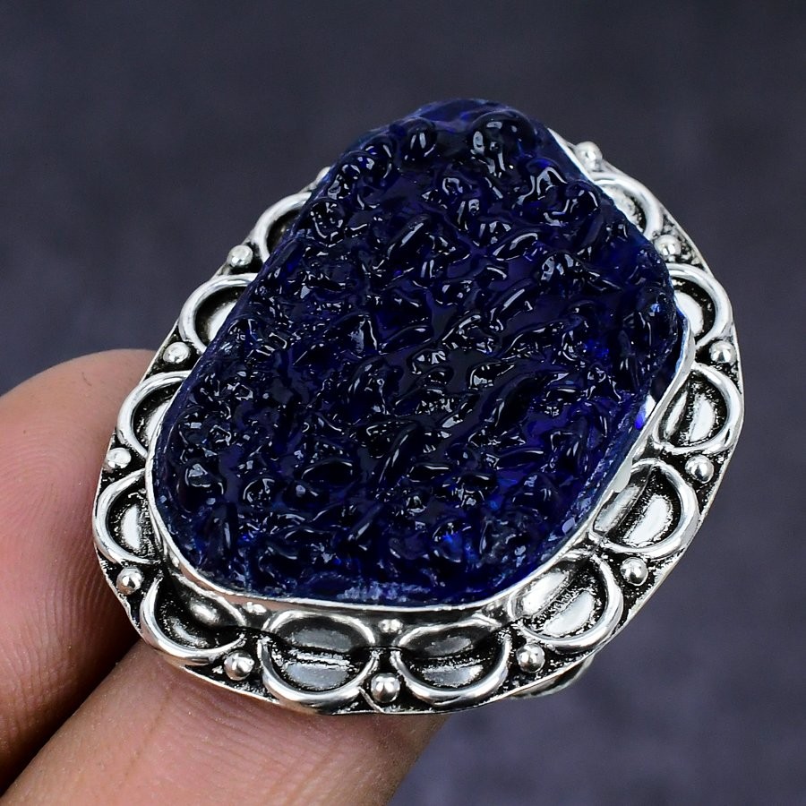 Natural Blue Moldavite Quartz Gemstone 925 Sterling Silver Ring Size 9 Gift c565