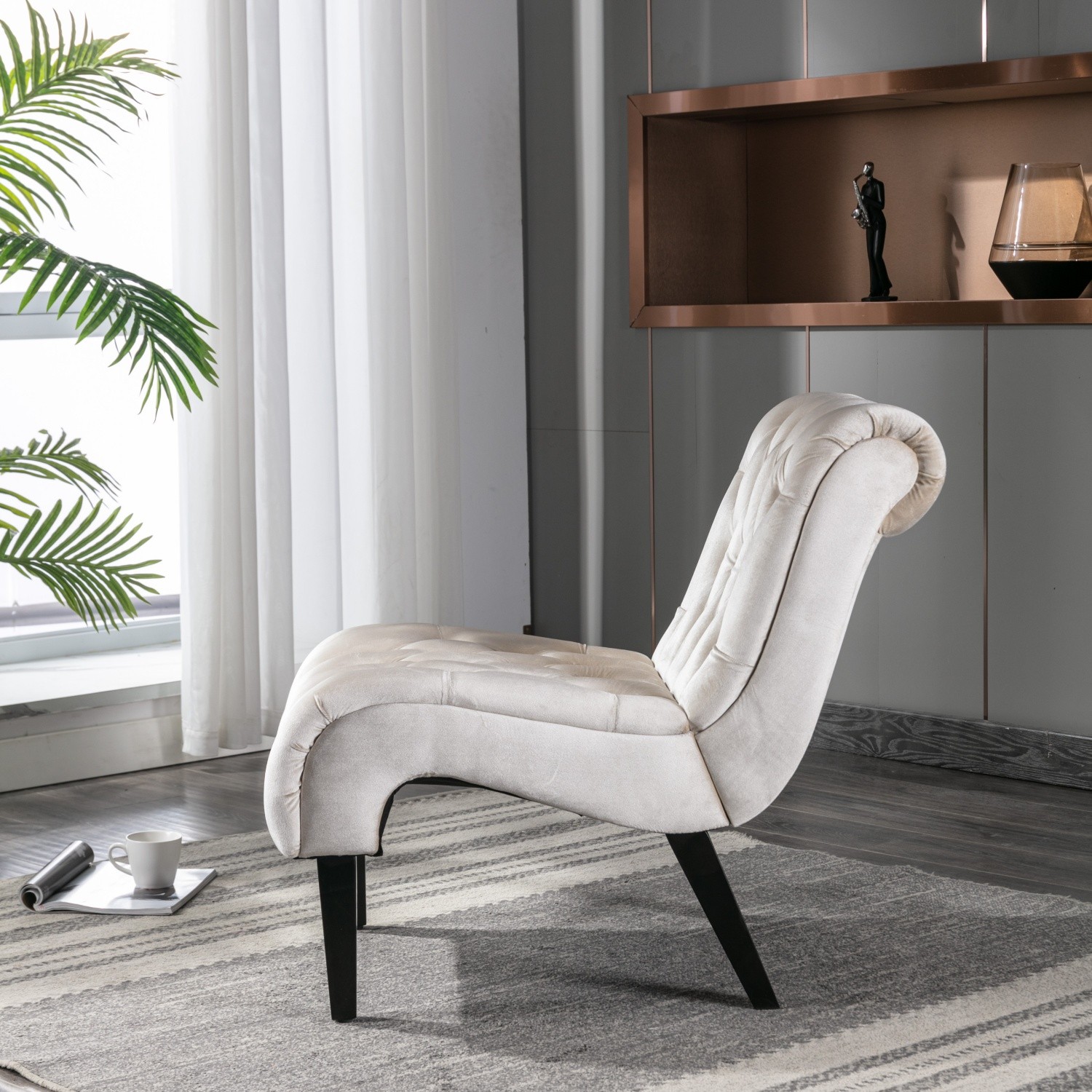 Armless Velvet Tufted Accent Chair Lounge Chair w/ Solid Wood Legs for Apartment