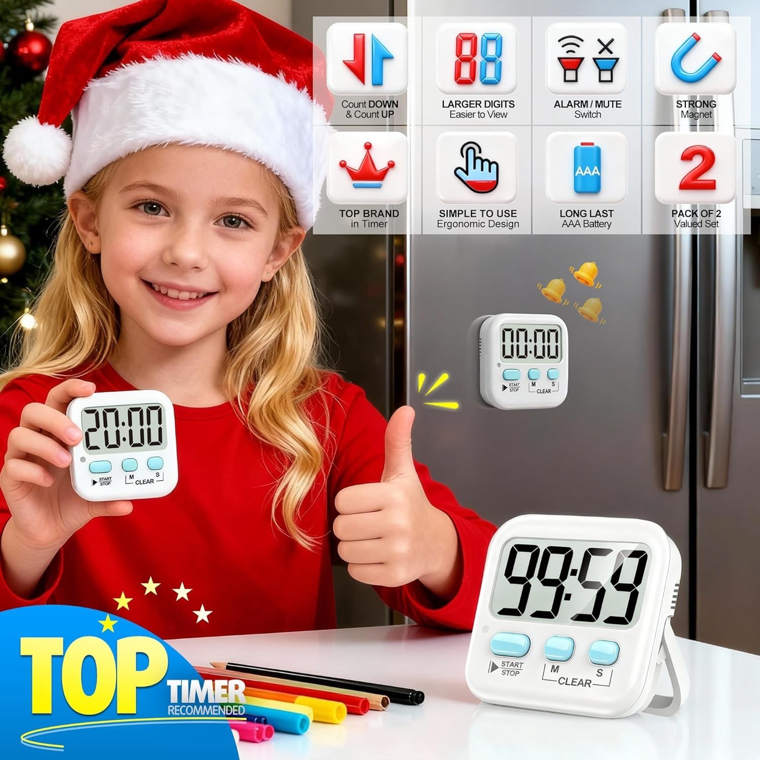 Large Display Digital Timer Set for Cooking, Study & Exercise - 2 Pack Included