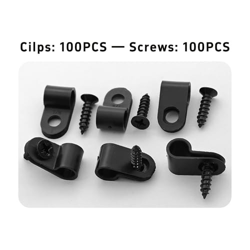 100Pcs R-Type Cable Clips Black Nylon Plastic Wire Clamps with Mounting 1/4"