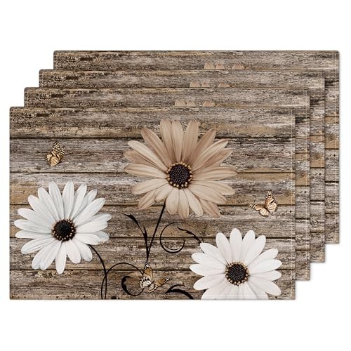 Daisy Flower Placemats Washable, Linen Rectangular Place Mats 12x18 Inch Brown