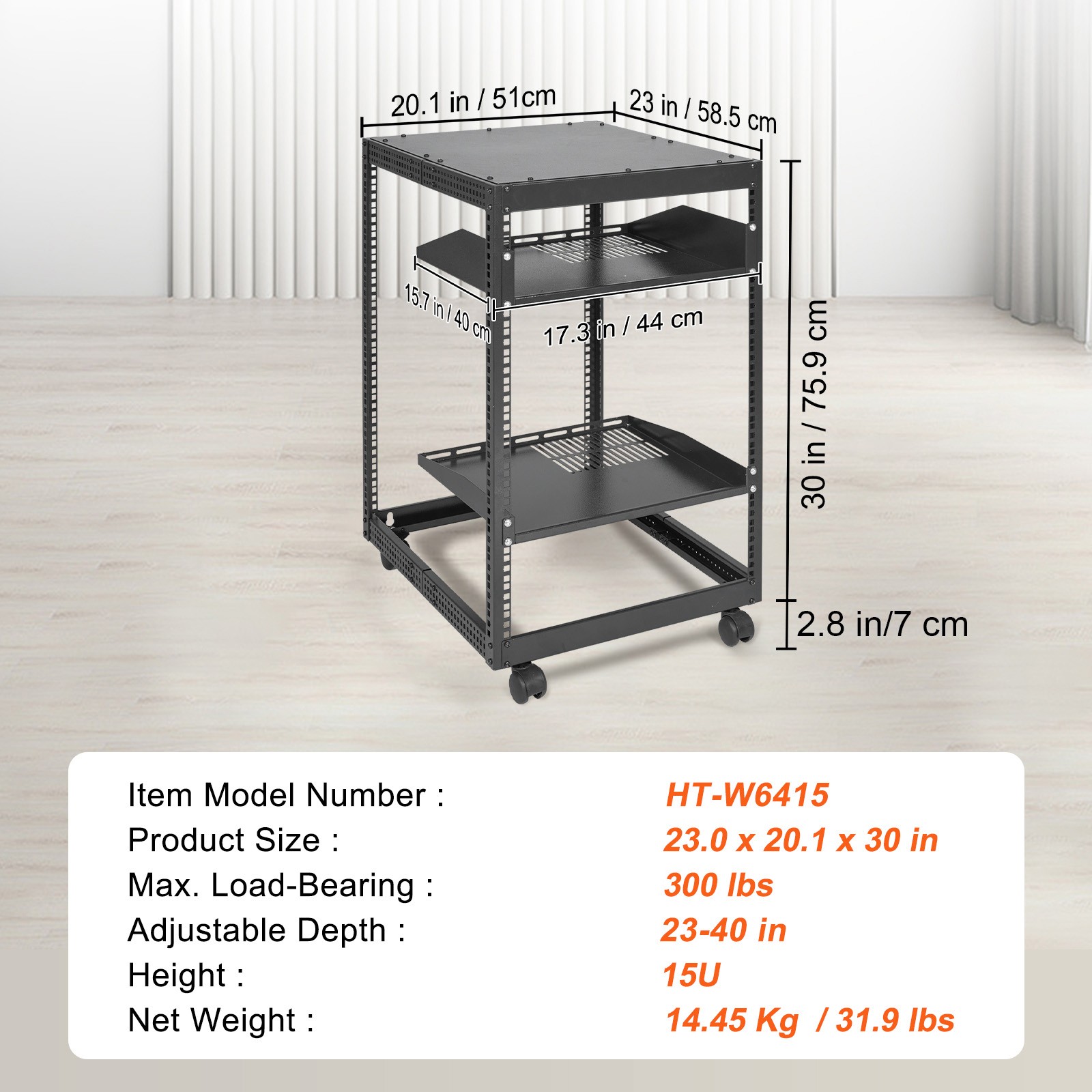 Uimoso 15U 4-Post Adjustable Open Frame Server Rack for Network Equipment