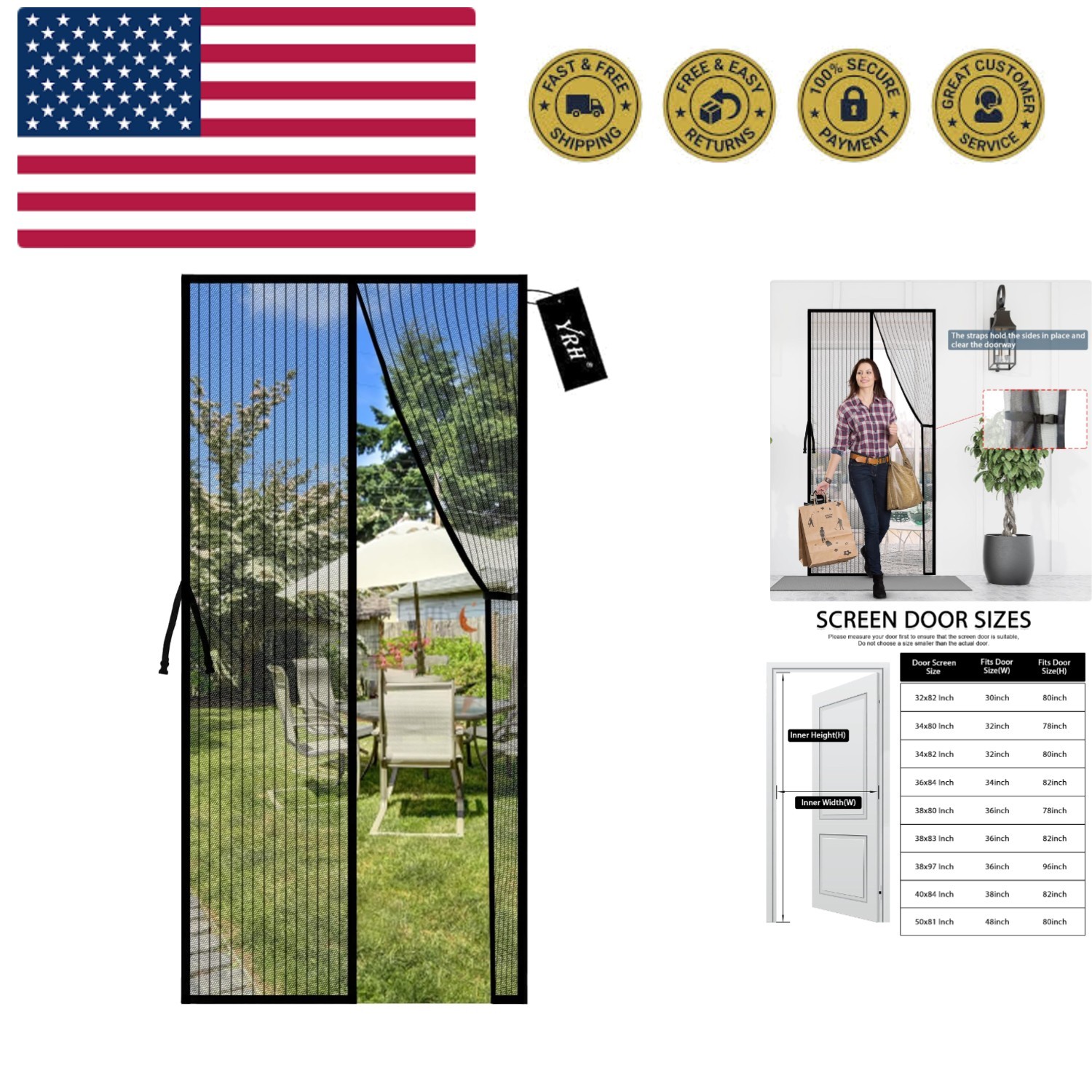 Magnetic Fly Screen Door with Stay Open Buckles - Door Curtains Heavy Duty Se...