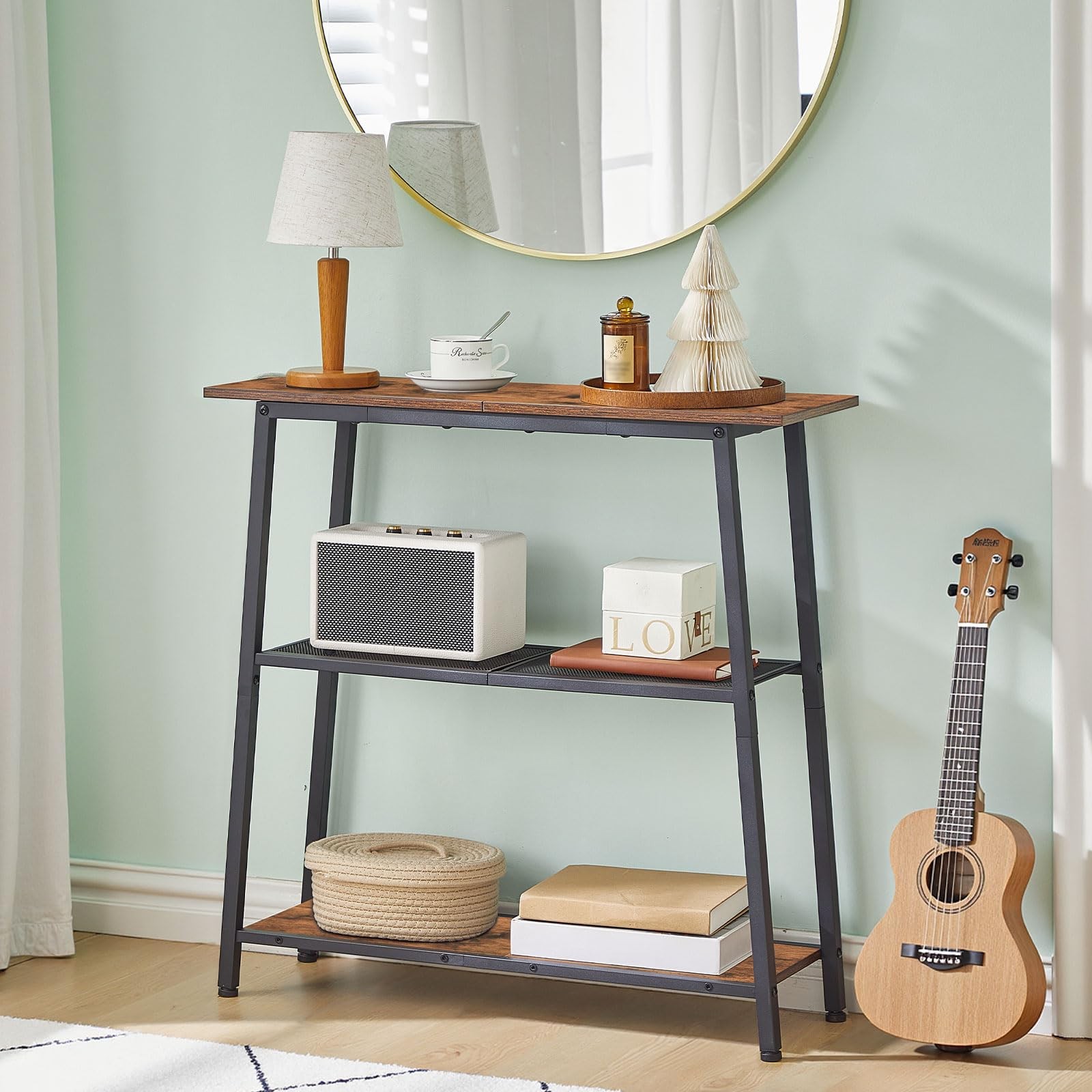 Narrow Console Table, 3-Tier Small Entryway Table with Storage Shelves, Behin...