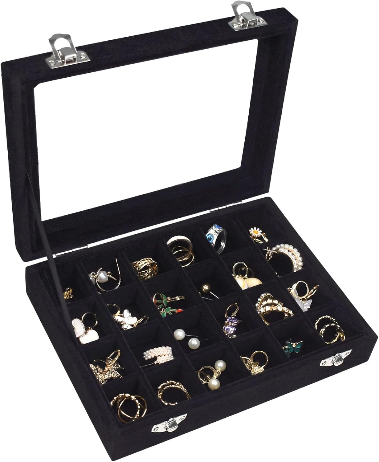 Velvet Jewelry Box 24 Grid Ring Display Organiser 24 Grid, Black