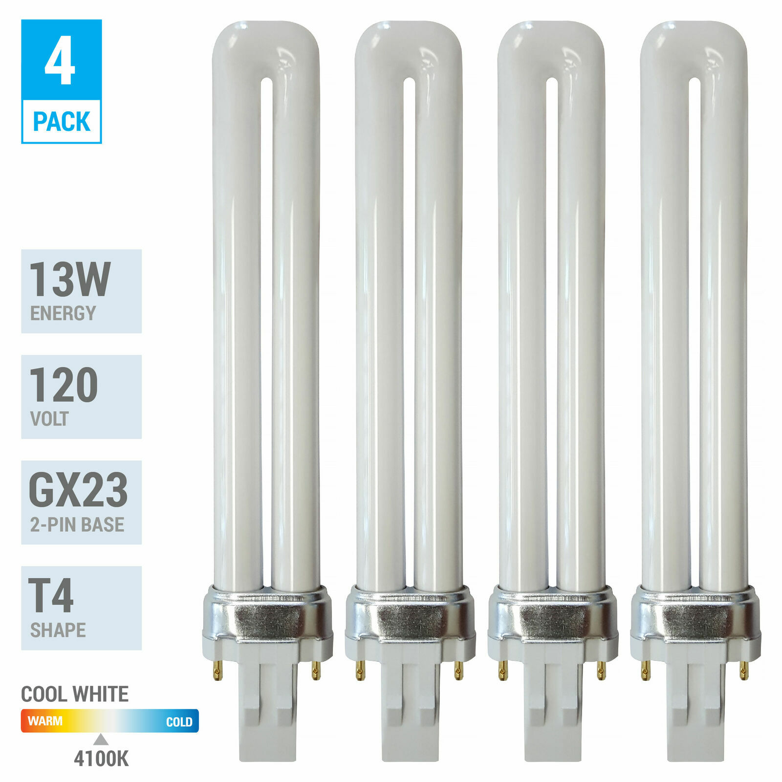 4 Pack PL13S PLS13 41 ECO CFL Plug-In 13W Watt T4 Bi 2-Pin GX23 4100K Cool White