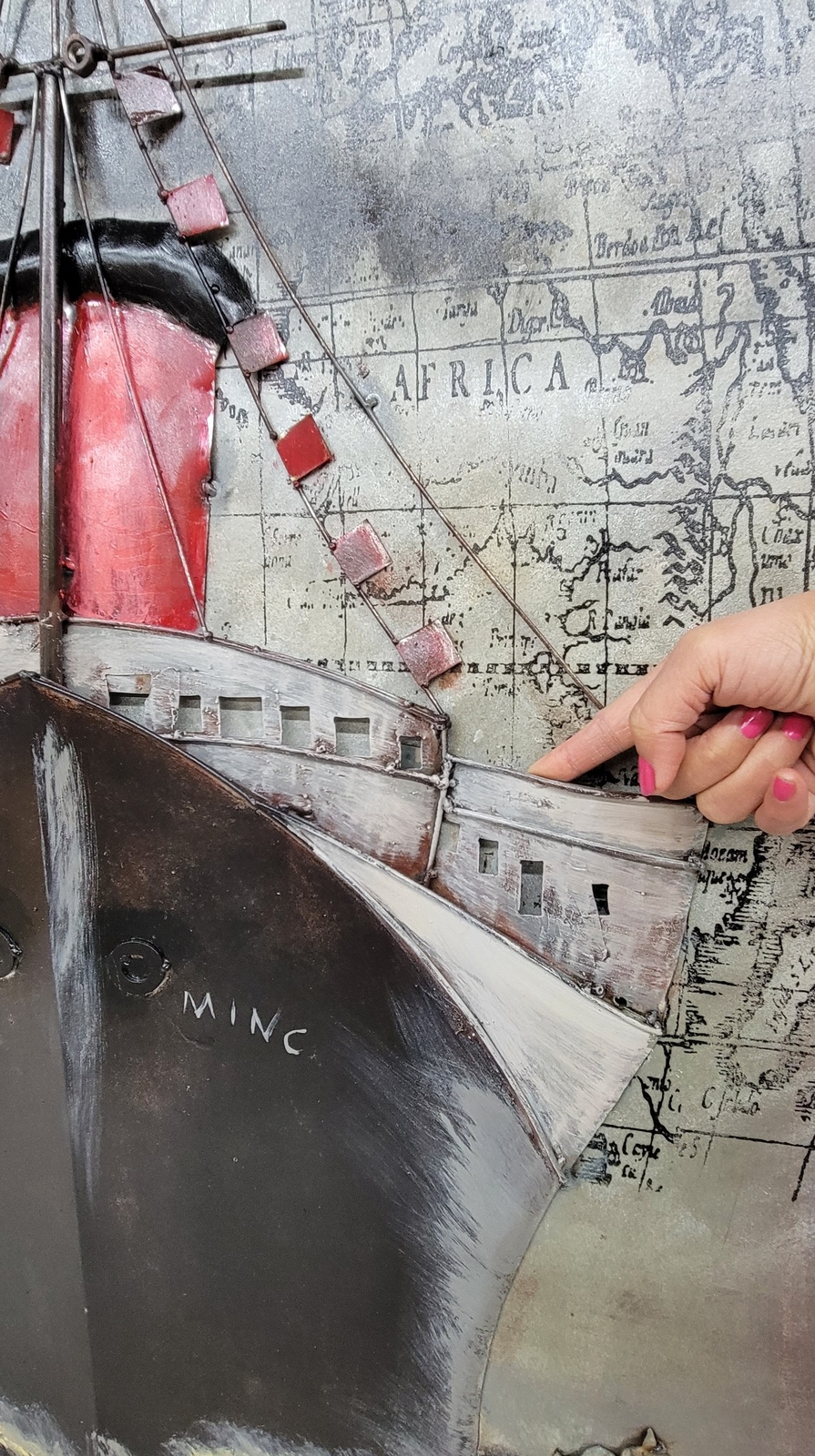 "Black Ship" Mixed Media Iron Hand Painted Dimensional Wall Art