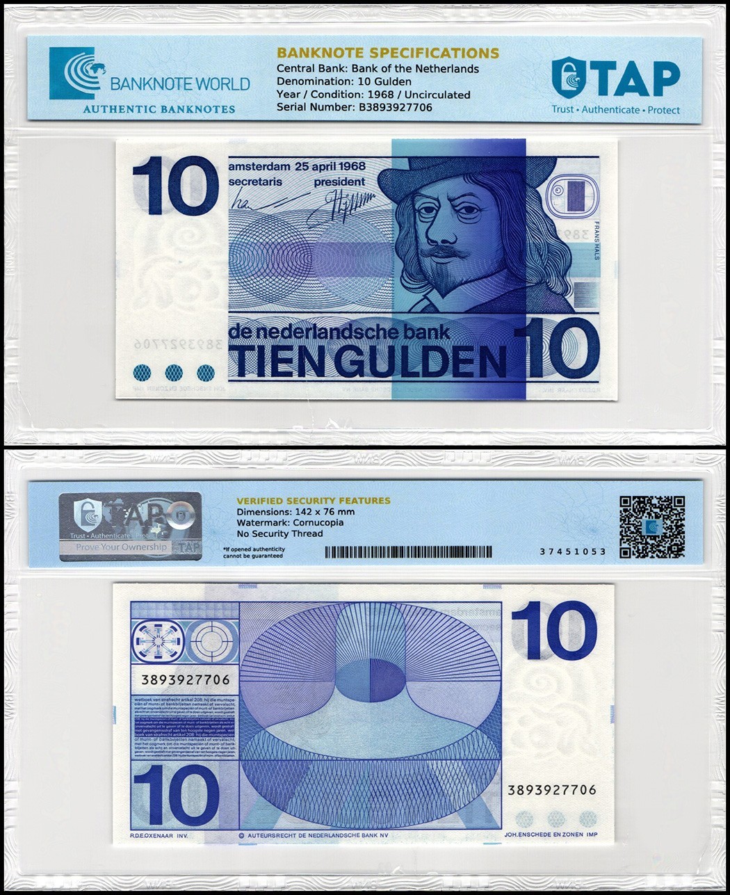 Netherlands 10 Gulden, 1968, P-91b, UNC, TAP Authenticated