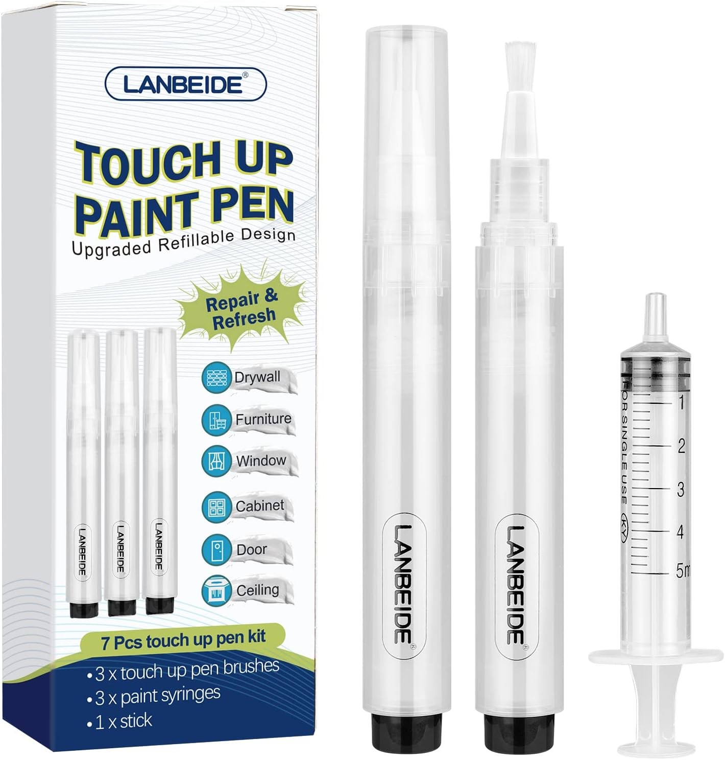 LANBEIDE Refillable Touch Up Paint Pens, 3Pcs 3 Count (7 pcs kit), White