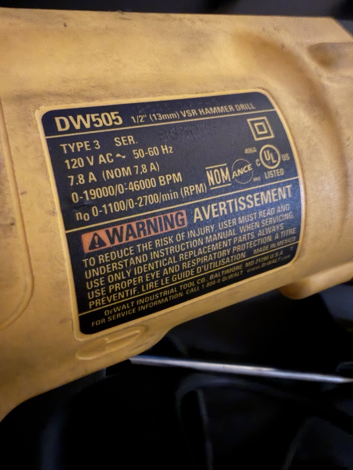 DeWalt DW505 1/2" VSR Hammer Drill. Corded. With Case.