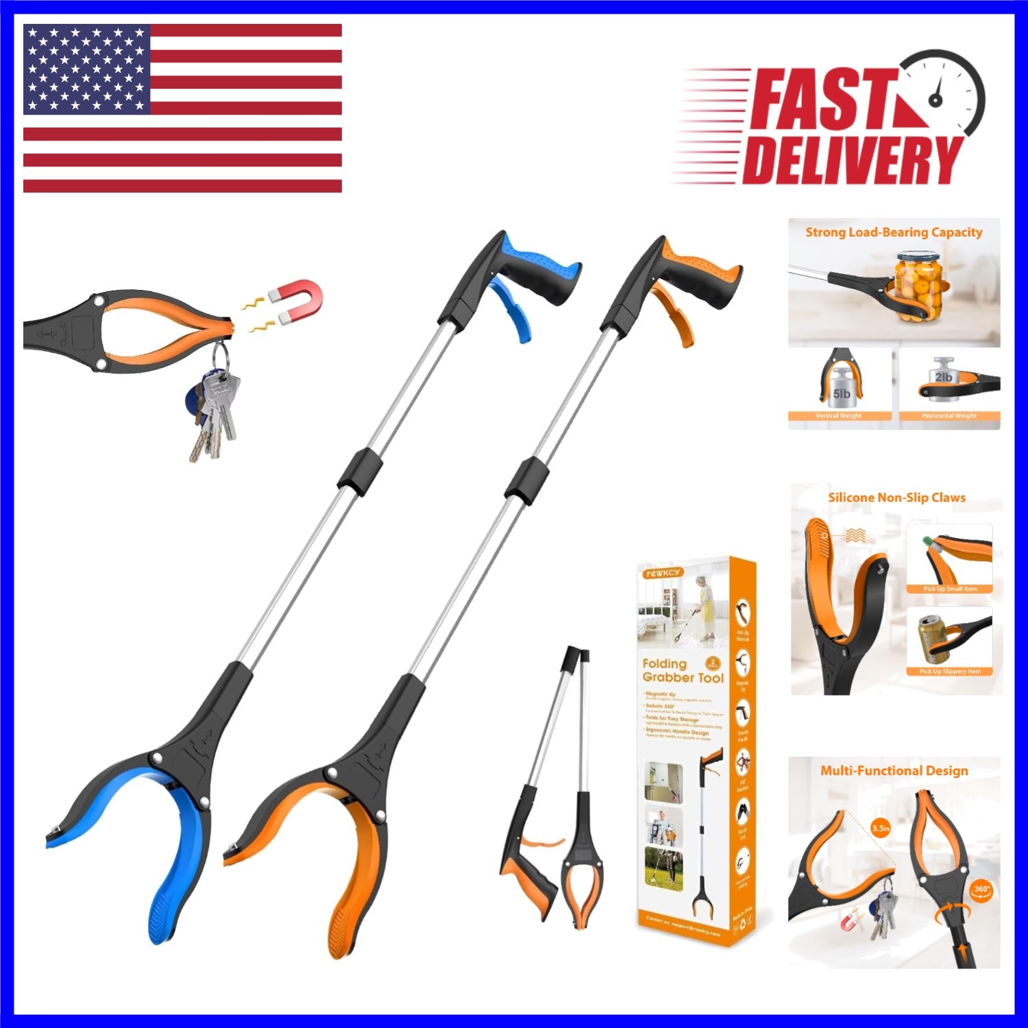 2-Pack 32-Inch Foldable Grabber Tool with Magnetic Pickup & 360° Head Design