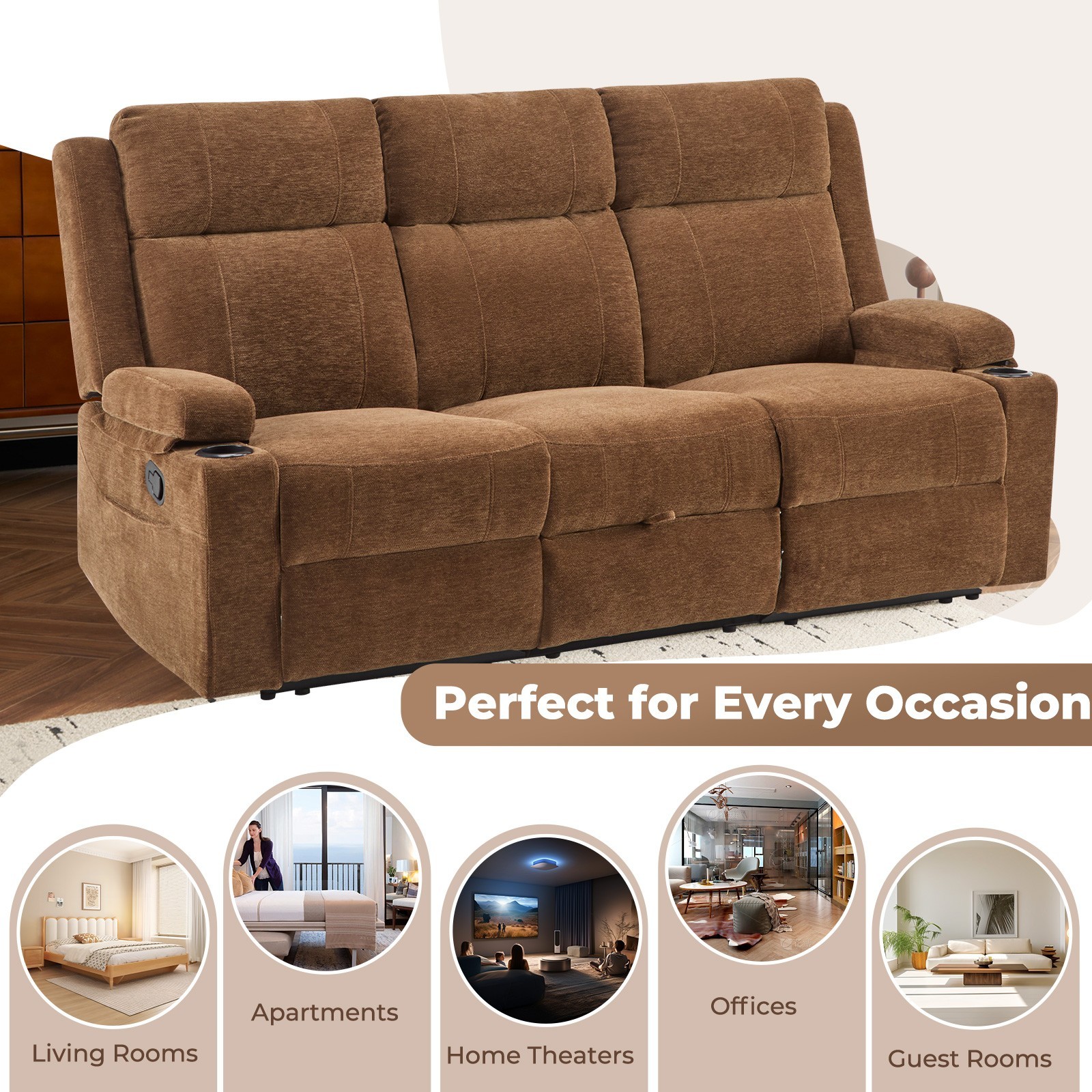 Chenille Reclining Sofa 3-Seater with Convertible Table, Storage Ottoman