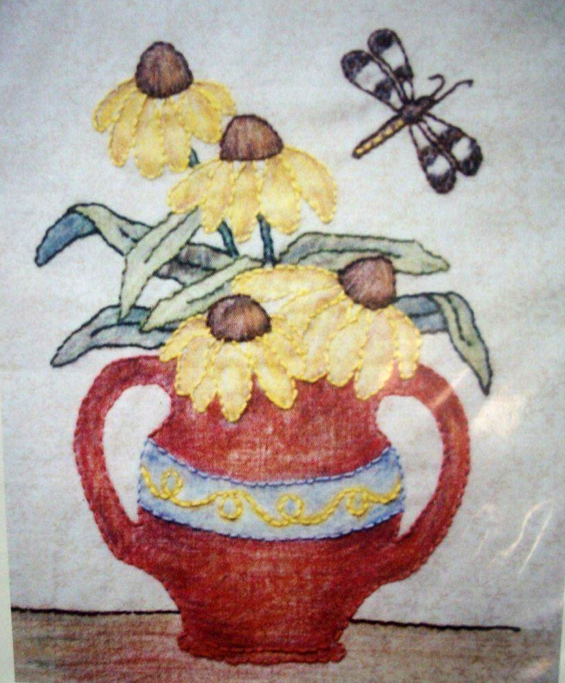 Daisies crayon & embroidery Grandma's Potted Treasure 12" block pattern