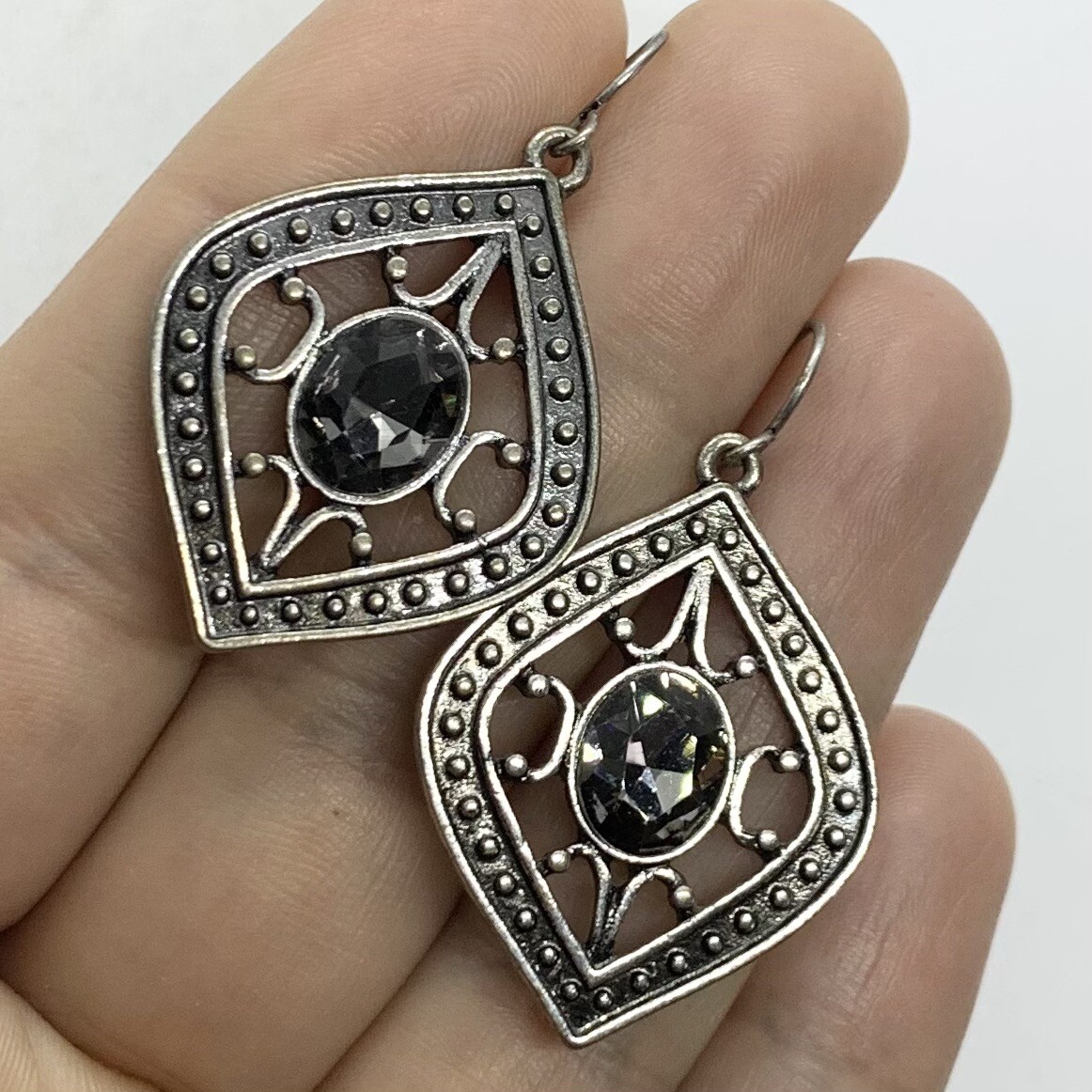 VTG GRAY RHINESTONE SILVER OPENWORK DANGLE EARRINGS HOOK 1.75”