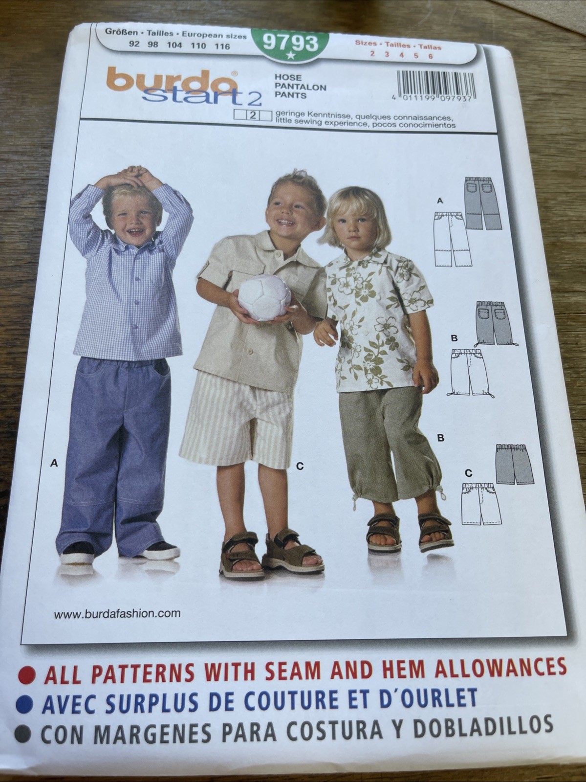 Burda START 2 Pattern 9793 ~ Toddler Boy/Girl Pants~Capri Pants~Shorts Sz 2-6