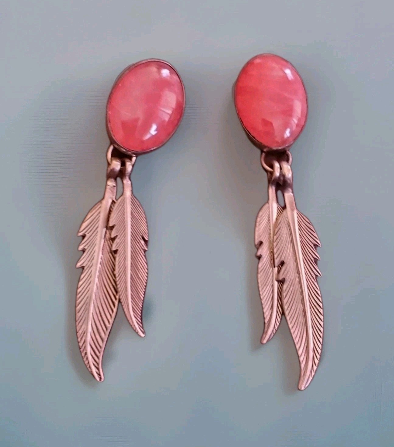 Native American Sterling Silver Earrings Big Rhodochrosite & Long Feather Dangle