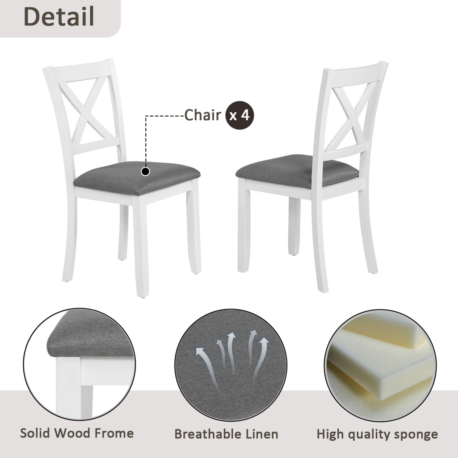 Modern 5 Piece Dining Table Set Wood Square Dining Table & 4 Chairs White & Gray