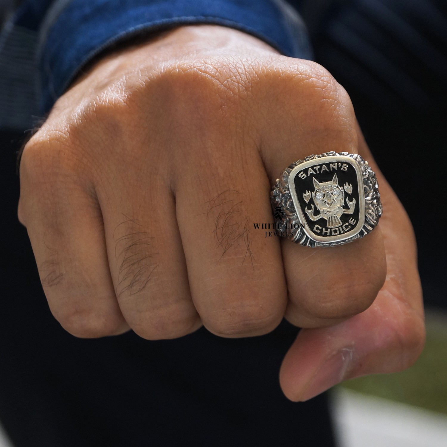 Satans Choice Cat 925 Sterling Silver Men Biker Motorcycle Club Ring