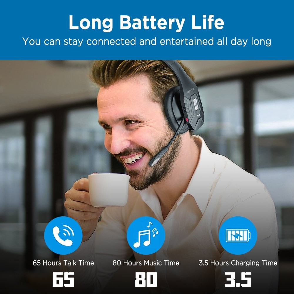 Mpow DH10 Bluetooth Wireless Headphone Noise Canceling Over Head Trucker Headset