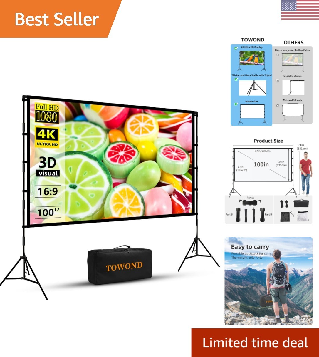 Lightweight 100-Inch Projector Screen with Tripod for Home and Outdoor Use