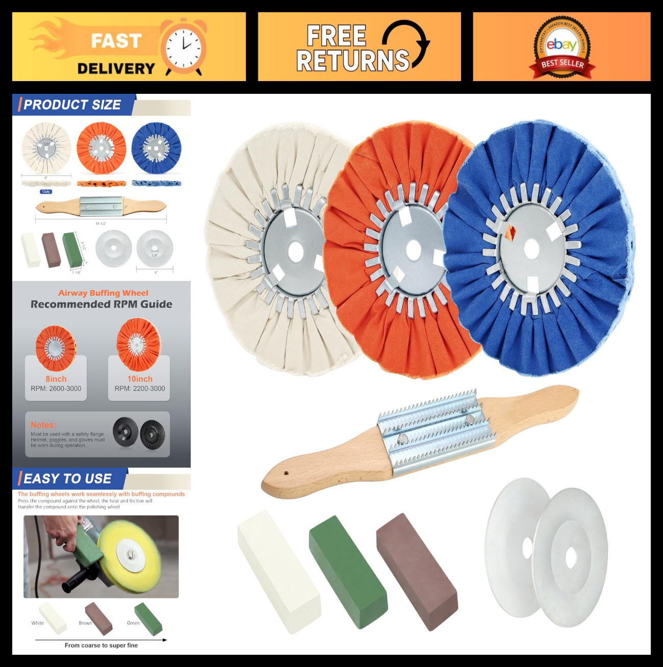 8" Airway Buffing Wheel Kit - 9 Pcs Polishing Wheels & Compound for Angle Grinde