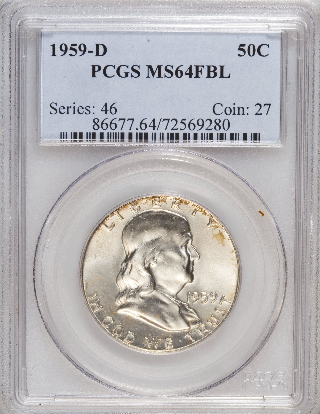 1959-D FRANKLIN HALF DOLLAR PCGS MS64 FBL