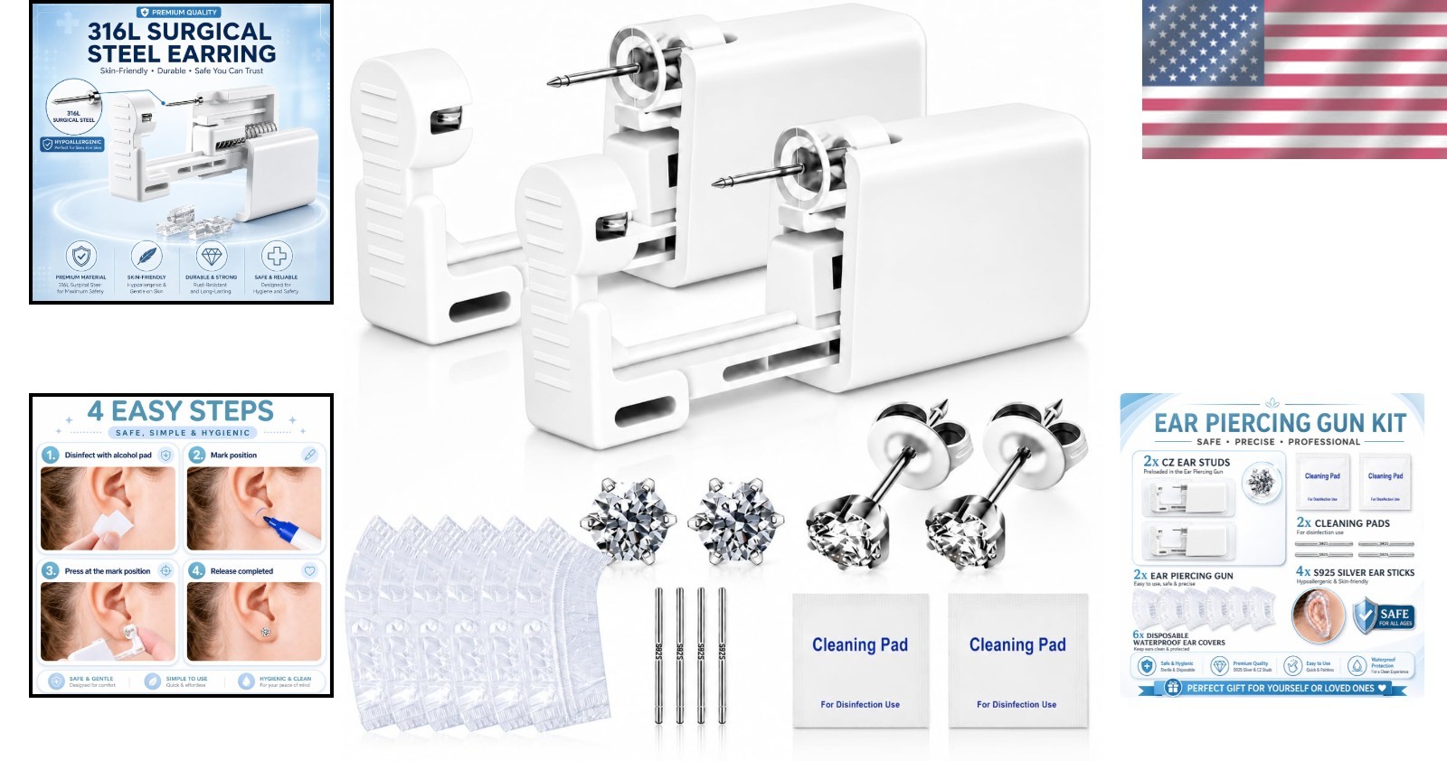 Complete Ear Piercing Kit - 2 Disposable Guns with 5MM CZ Studs & Accessories