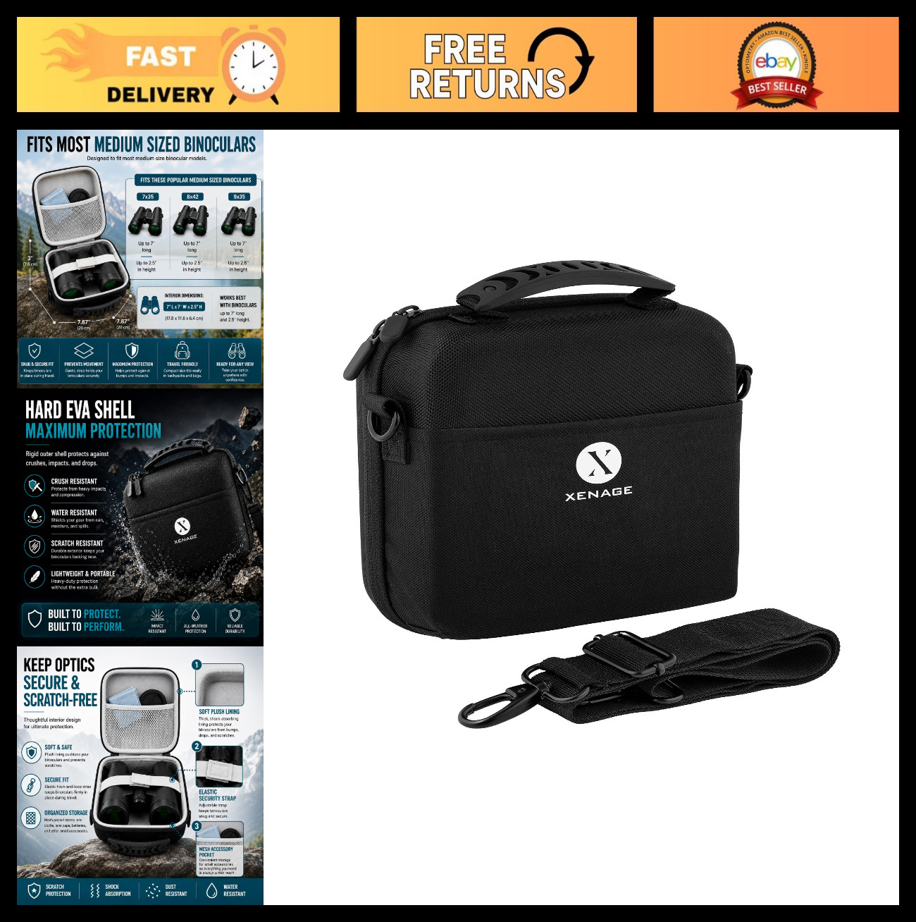 Hard EVA Binocular Case - Water-Resistant, Carry Handle & Strap, Fits Compact &