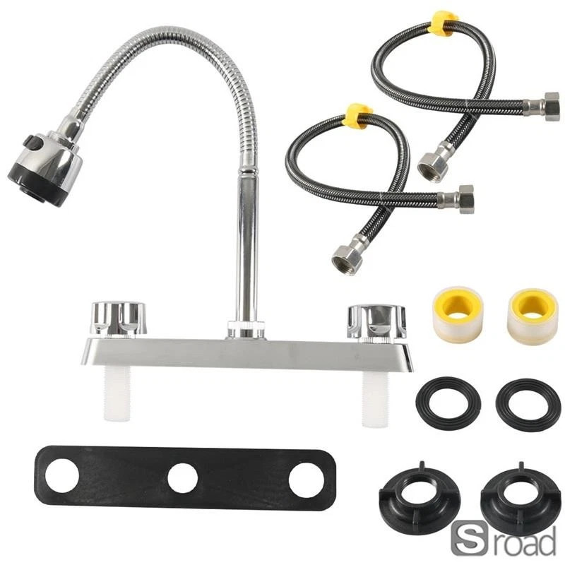 Dual Handle Kitchen Faucet 360° Swivel Spout 2 Spray Modes Deck Mounted