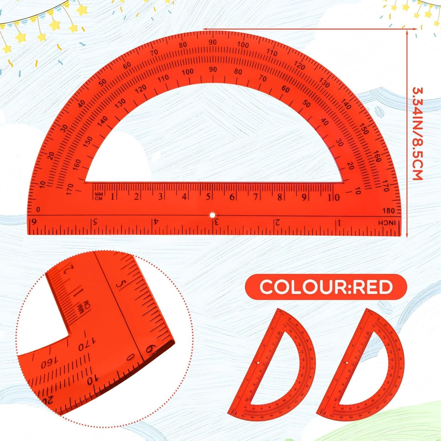Durable Plastic Protractors, 180 Degrees, Ideal for School Supplies and Projects