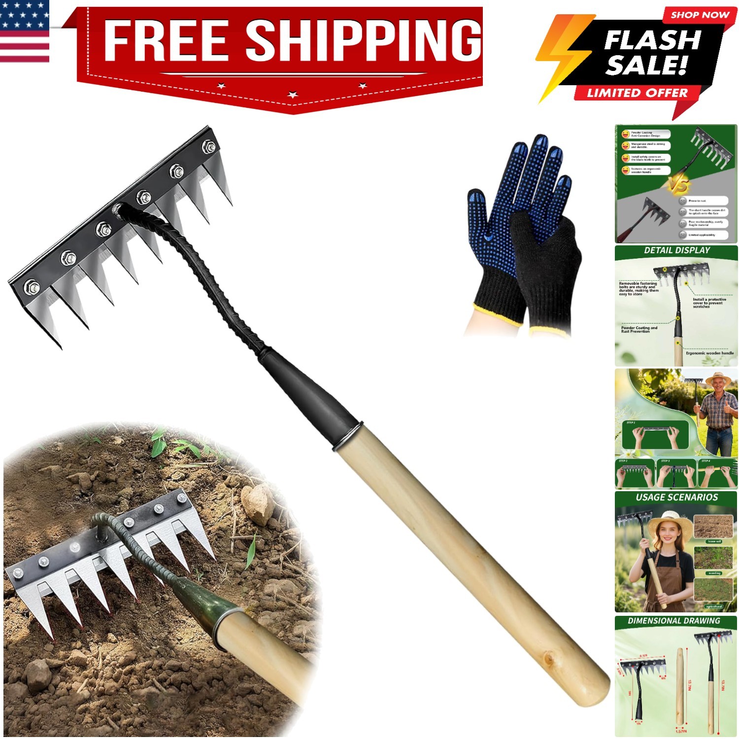 Upgraded Cultivator rake, Spray-Coated Rust-Proof Manganese Steel Weed rake, ...