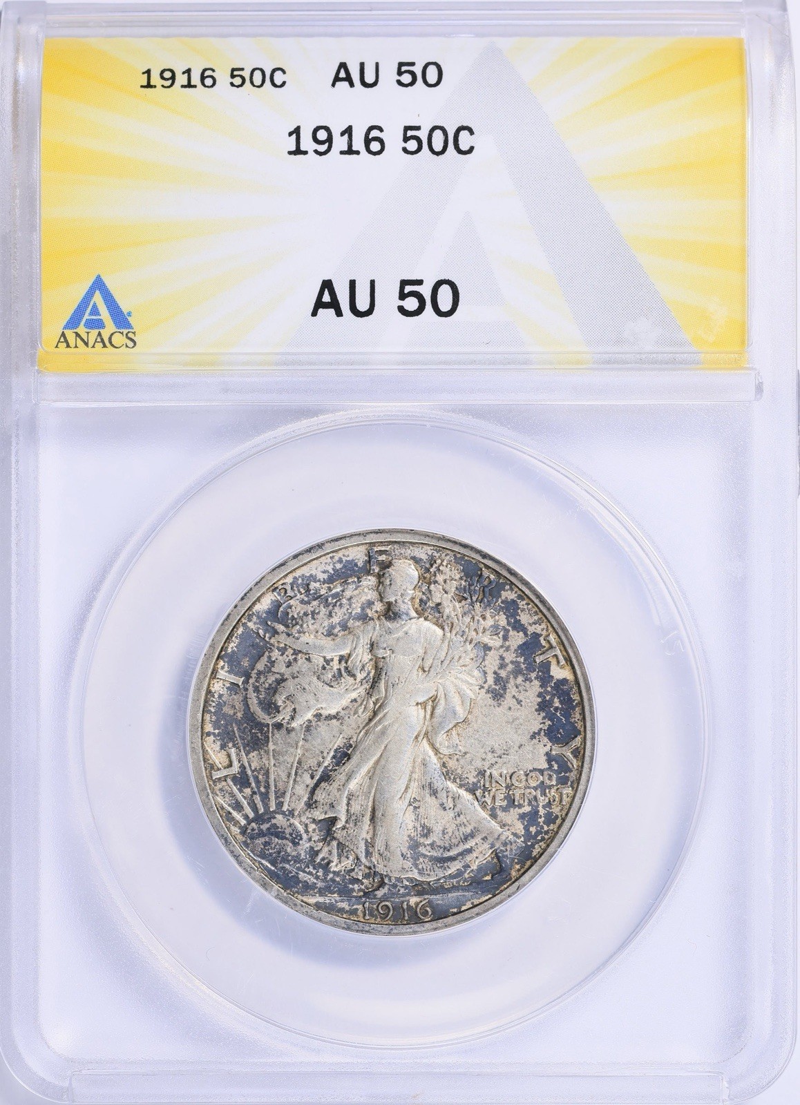 1916 Walking Liberty 50c ANACS AU50 Blueberry Toned