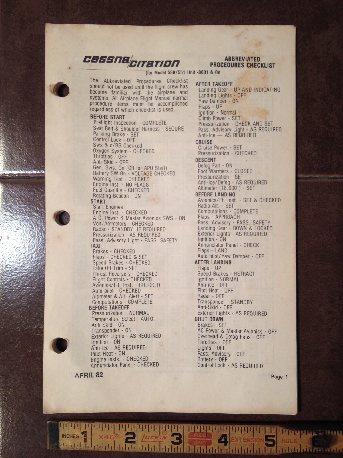 Original Cessna Citation 550/551, sn0001 & On, Abbreviated Procedures Checklist