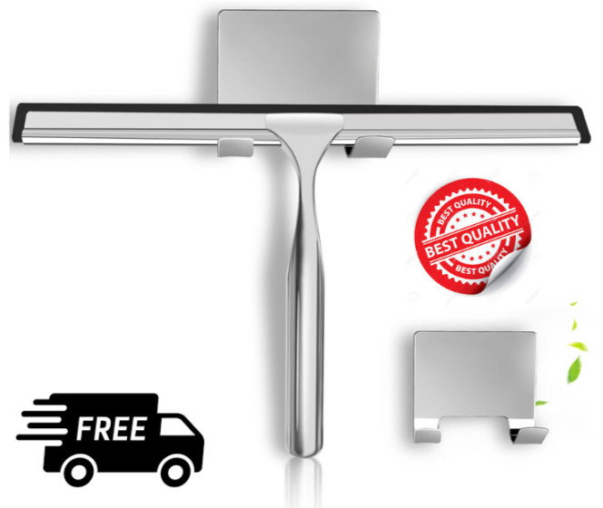 All-Purpose Stainless Steel Shower Squeegee for Glass Doors with Adhesive Hooks