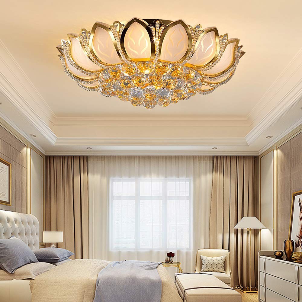 LED Ceiling Lamp Light Fixture Flush Mount Metal Gold FLuxery Crystal Chandelier