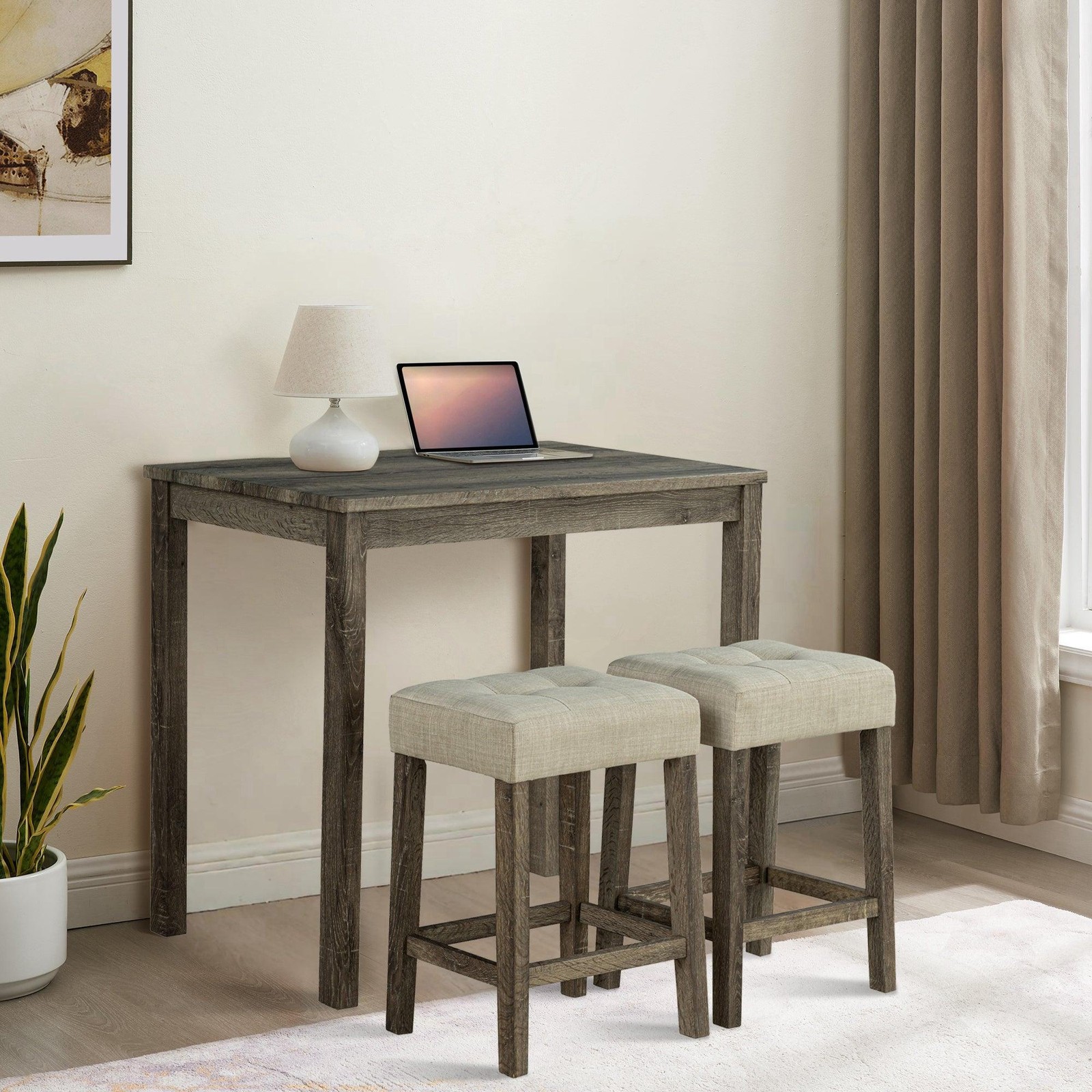 1 Traditional Breakfast Dining Table Set with 2 Stools for Apartment