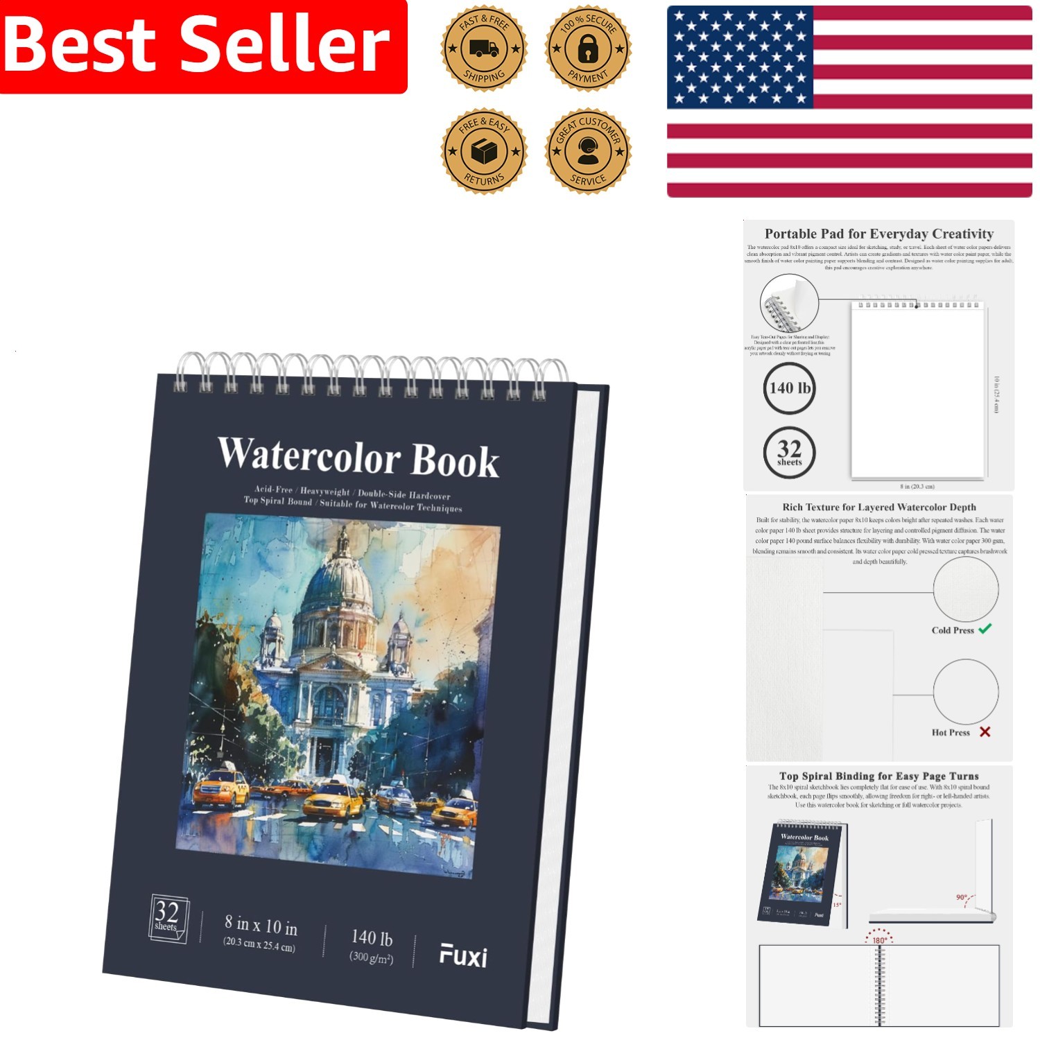 Professional 8x10 Watercolor Sketchbook 140lb Cold Press Spiral Bound 32 Sheets
