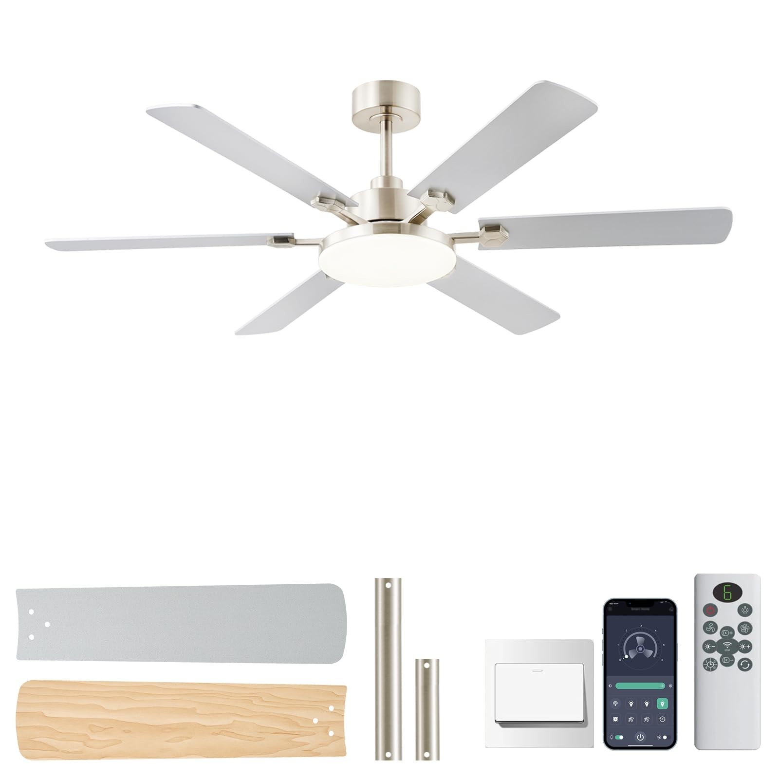 56 Inch Ceiling Fans with Lights, Large Modern Nickel Ceiling Fan with Light ...