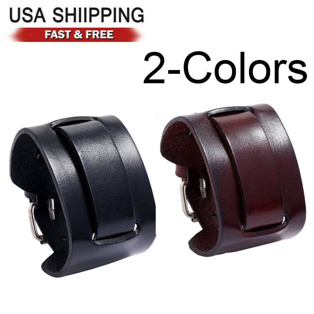 Men's Wide Leather Belt Wristband Bangle Cuff Punk Adjustable Bracelet