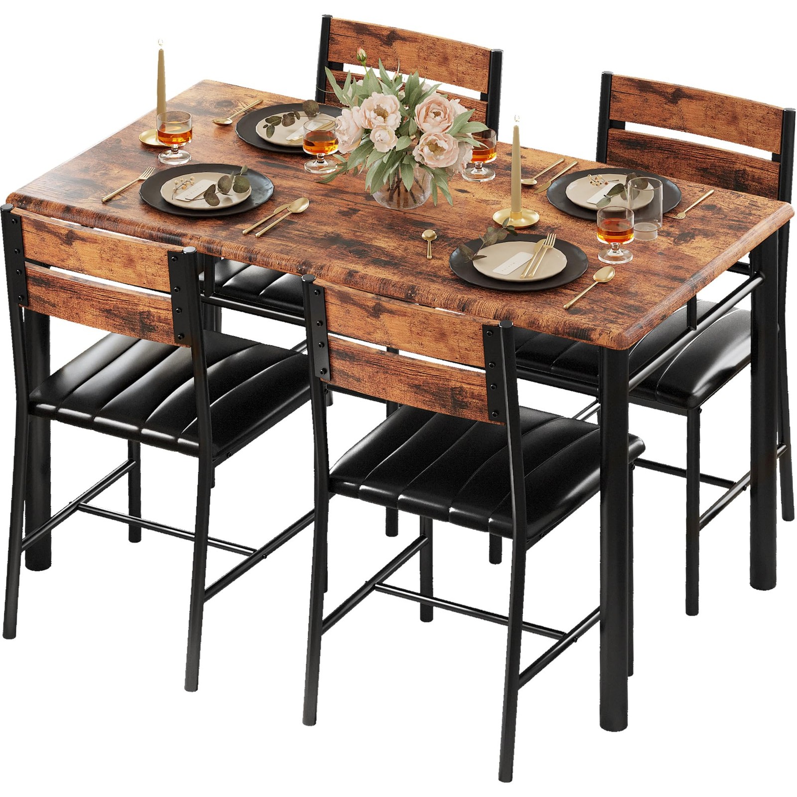 IRONCK Dining Table Set for 4, Wood Kitchen Table with Upholstered Chairs for Ki