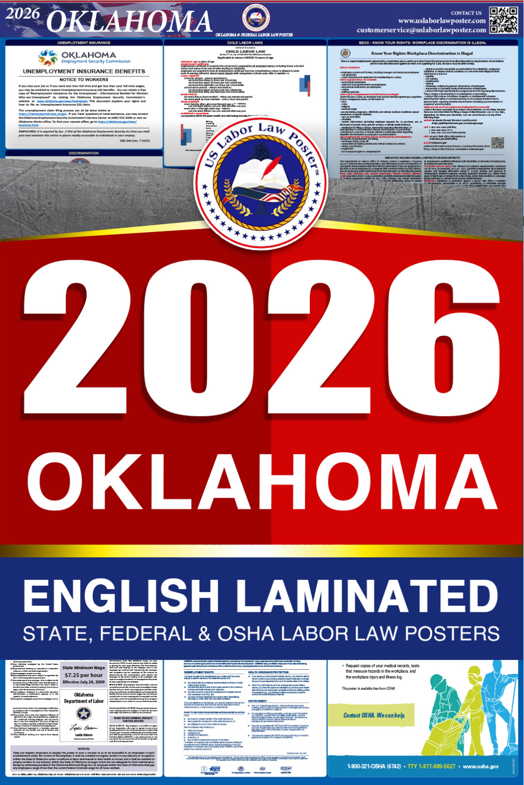 2026 Oklahoma OK LABOR LAW POSTER (Federal & State) English Laminated