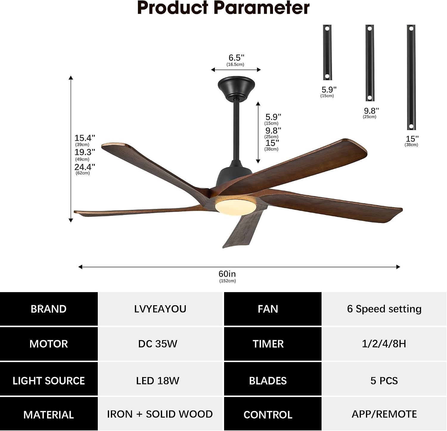 60" DC Solid Wood Ceiling Fan with Lights, (Dark Walnut) | Remote & APP Control,