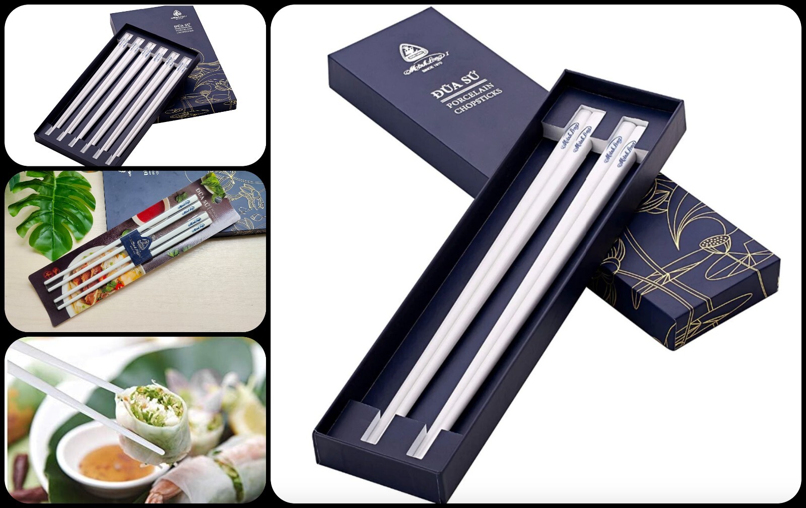 Set Of Chopsticks Pairs Porcelain Ceramic With Gift Box & Paper Box Minh Long