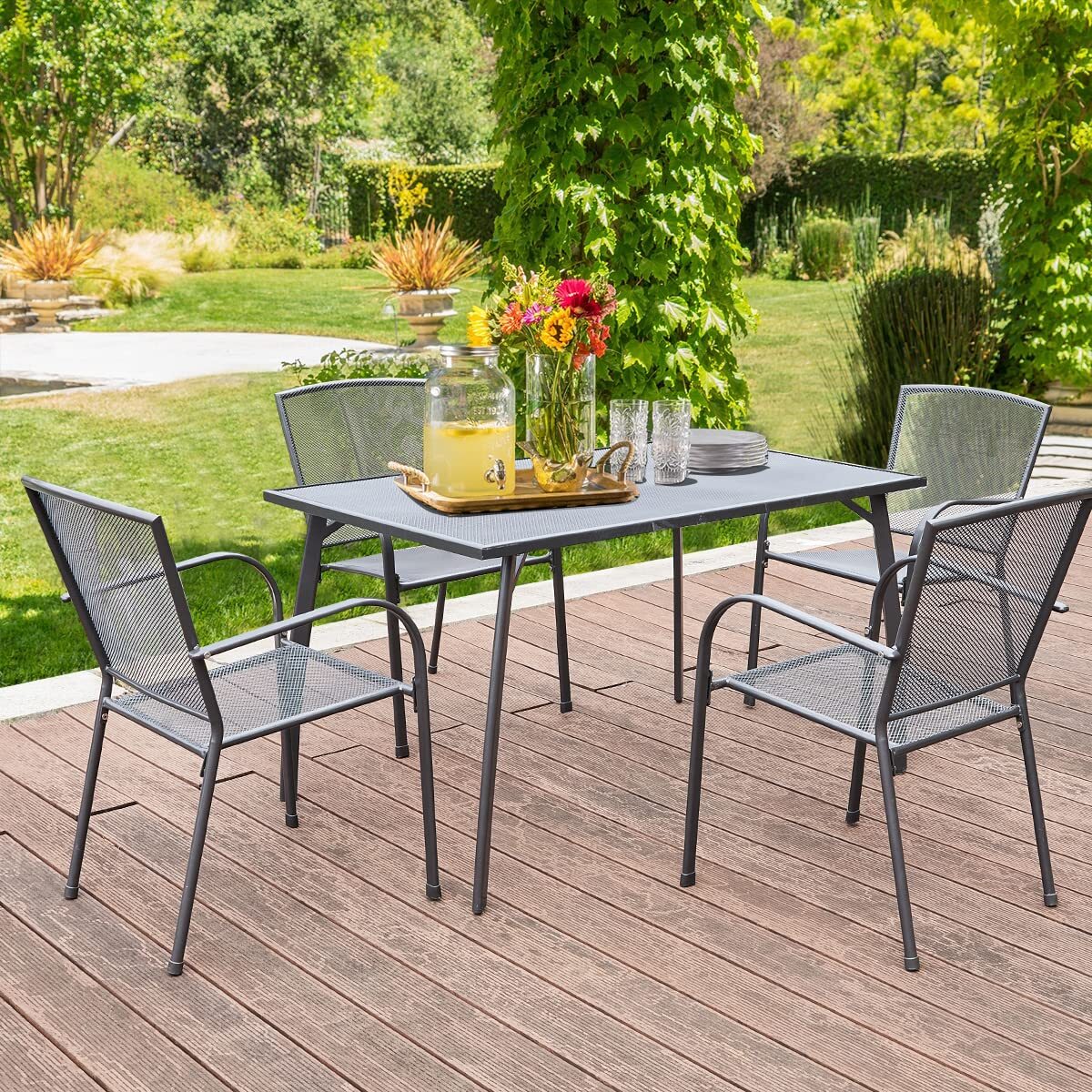 Patio Dining Table Rectangular Outdoor Table w/Umbrella Hole Round Outside Table